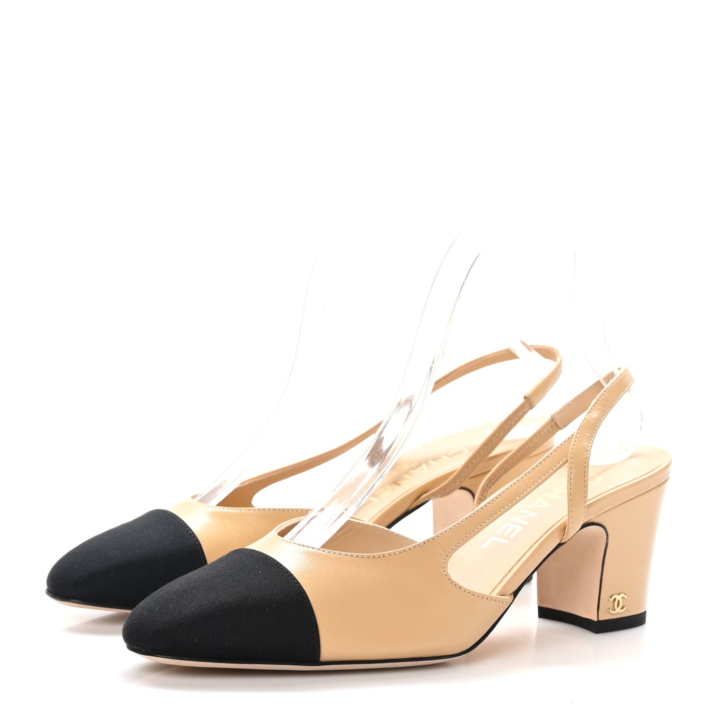 Goatskin Grosgrain Cap Toe CC Slingback Pumps 38 Beige Black