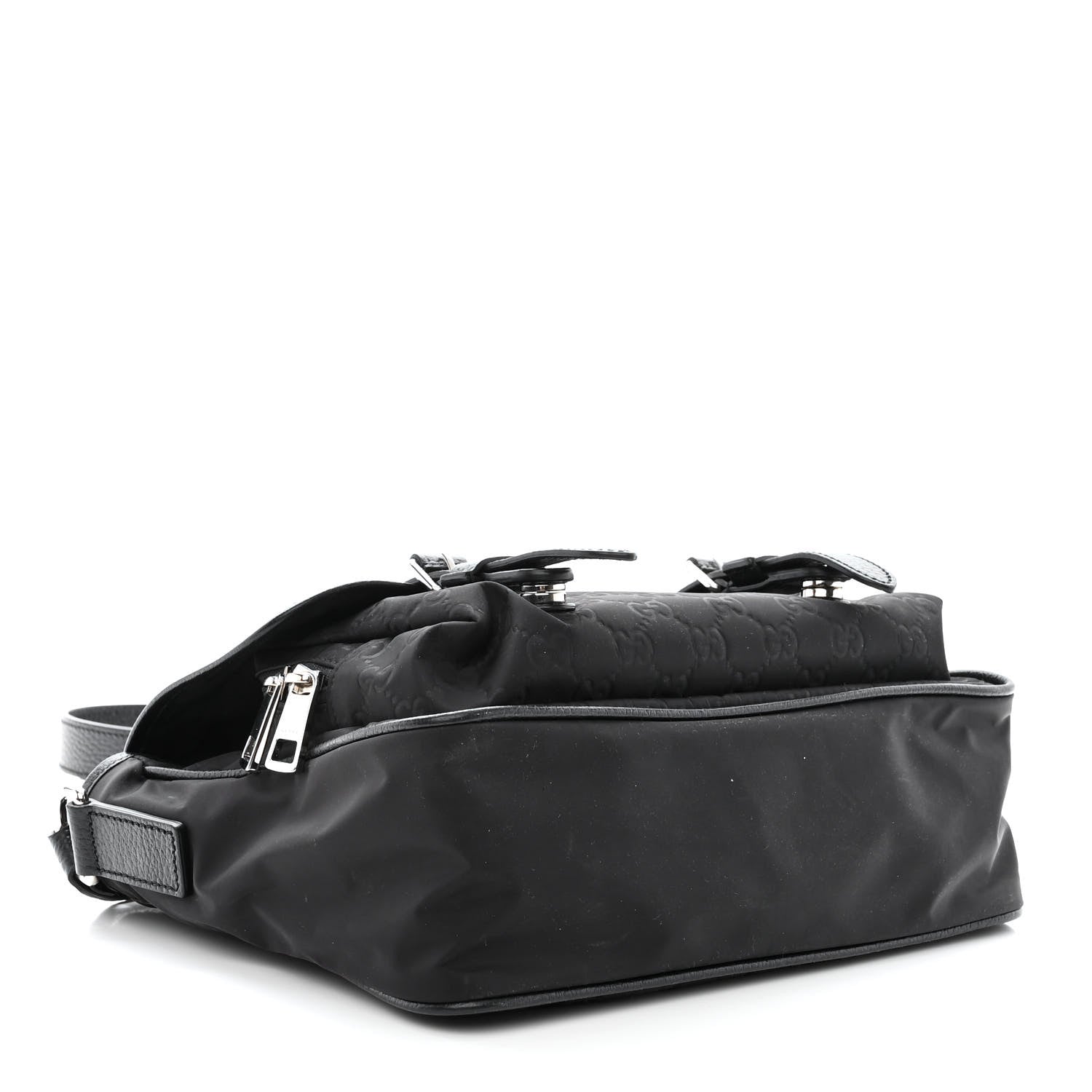 Gucci Nylon Monogram Double Buckle Flap Messenger Bag Black 5 of 14