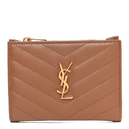 Saint Laurent Grain De Poudre Matelasse Chevron Monogram Zipped Card Case Natural Dark 1 of 7
