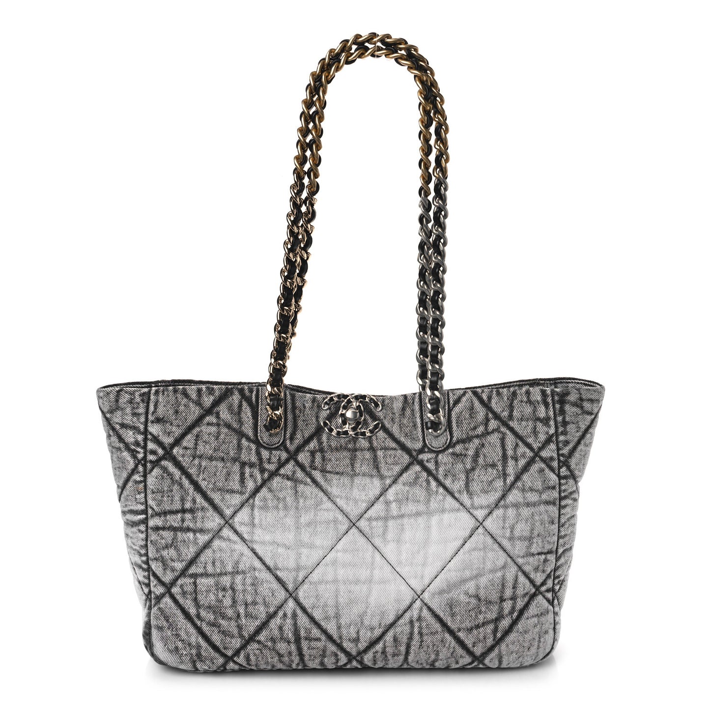 Washed Denim Quilted Chanel 19 East West Shopping Bag Black White