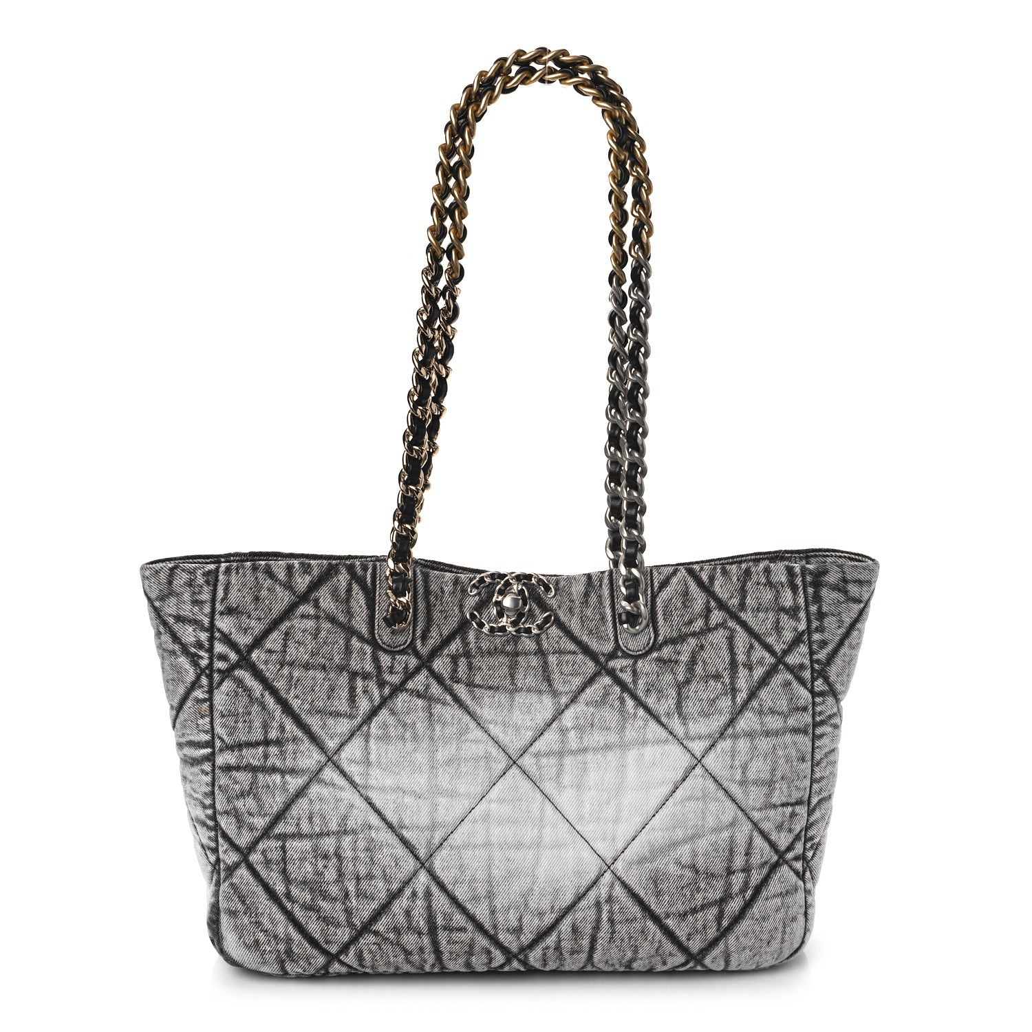 Chanel Washed Denim Quilted Chanel 19 East West Shopping Bag Black White 1 of 9