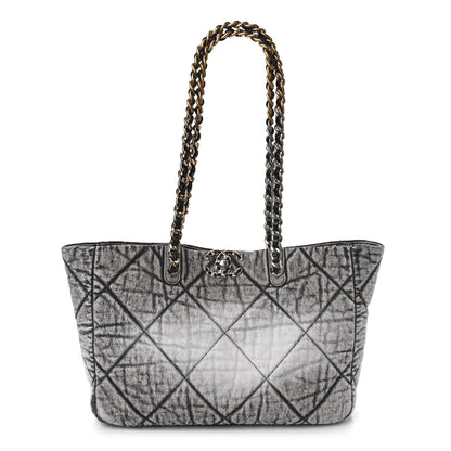 Chanel Washed Denim Quilted Chanel 19 East West Shopping Bag Black White 1 of 9