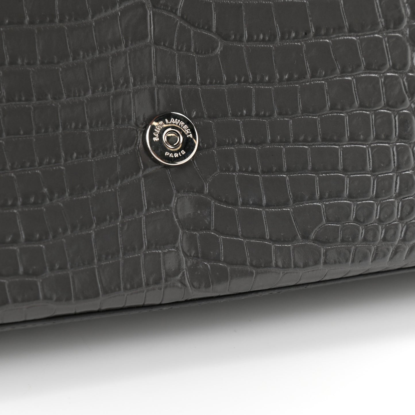 Calfskin Crocodile Embossed Medium Classic Monogram Kate Tassel Satchel Storm