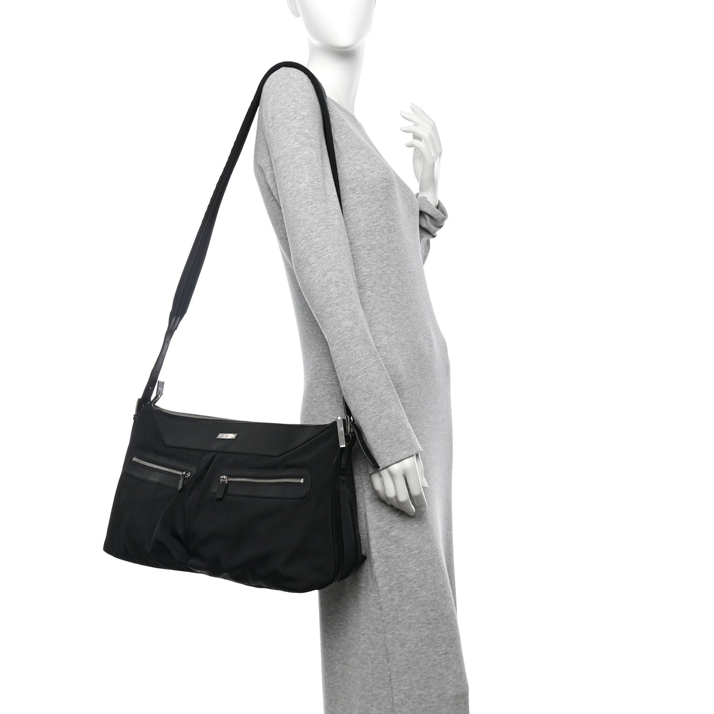 Nylon Calfskin Large Messenger Bag Black