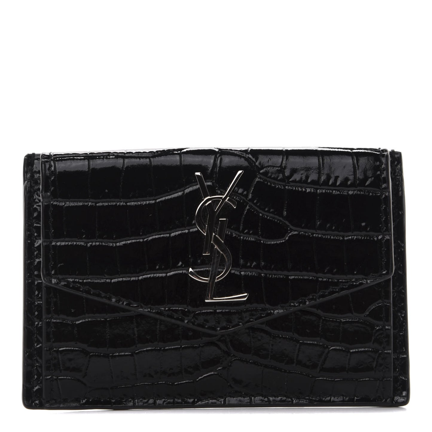 Calfskin Crocodile Embossed Uptown Monogram Card Case Black