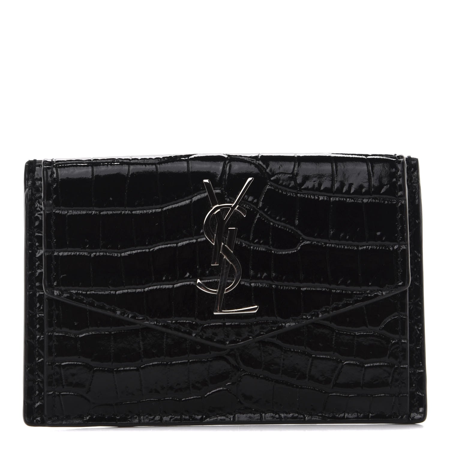 Saint Laurent Calfskin Crocodile Embossed Uptown Monogram Card Case Black 1 of 7