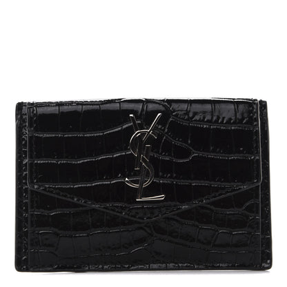 Saint Laurent Calfskin Crocodile Embossed Uptown Monogram Card Case Black 1 of 7