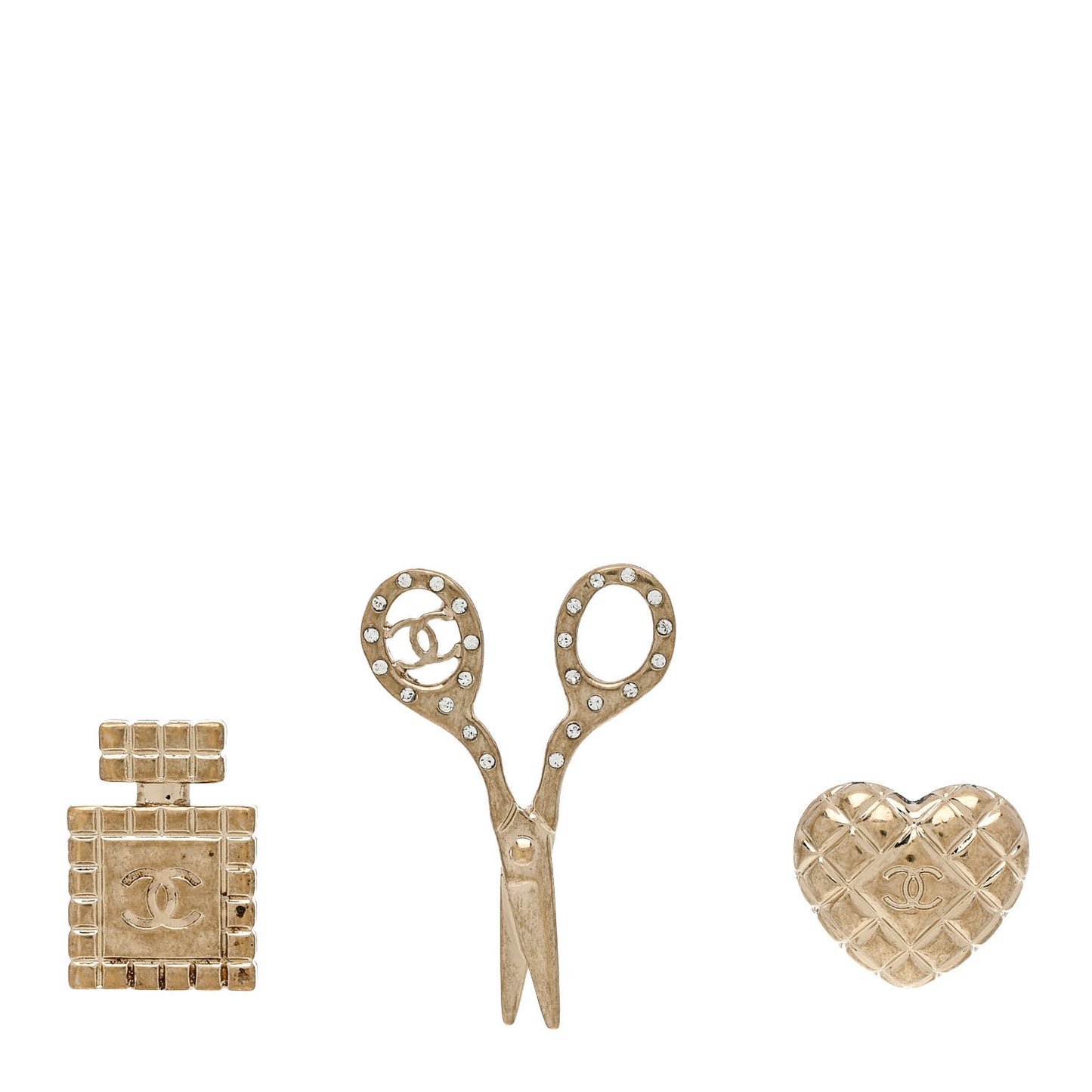 Metal Strass Crystal Quilted CC Heart Scissors Perfume Brooch Set Gold