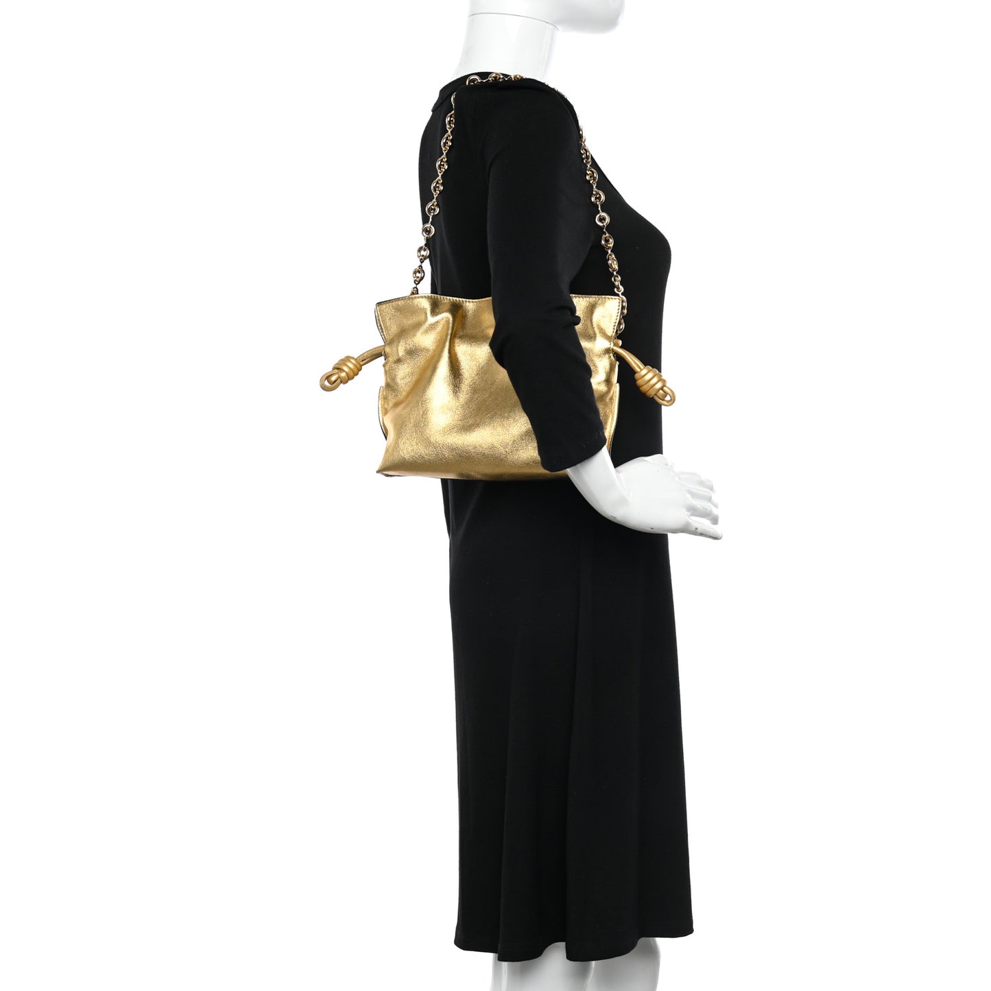 Metallic Calfskin Mini Chain Flamenco Knot Clutch Gold