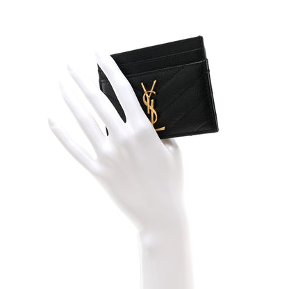 Saint Laurent Grain De Poudre Matelasse Chevron Monogram Credit Card Case Black 2 of 8