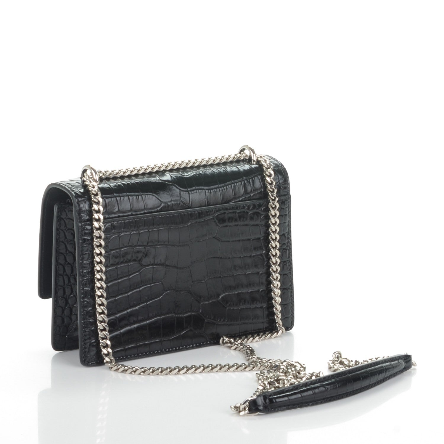 Saint Laurent Calfskin Crocodile Embossed Monogram Sunset Chain Wallet Black 3 of 7