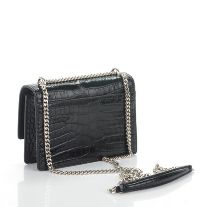 Saint Laurent Calfskin Crocodile Embossed Monogram Sunset Chain Wallet Black 3 of 7