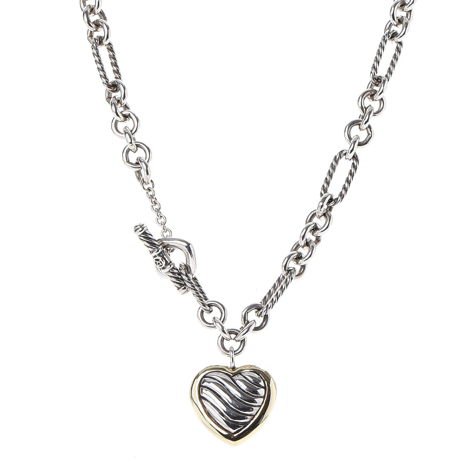 David Yurman Sterling Silver 18K Yellow Gold Cable Heart Figaro Necklace 1 of 8