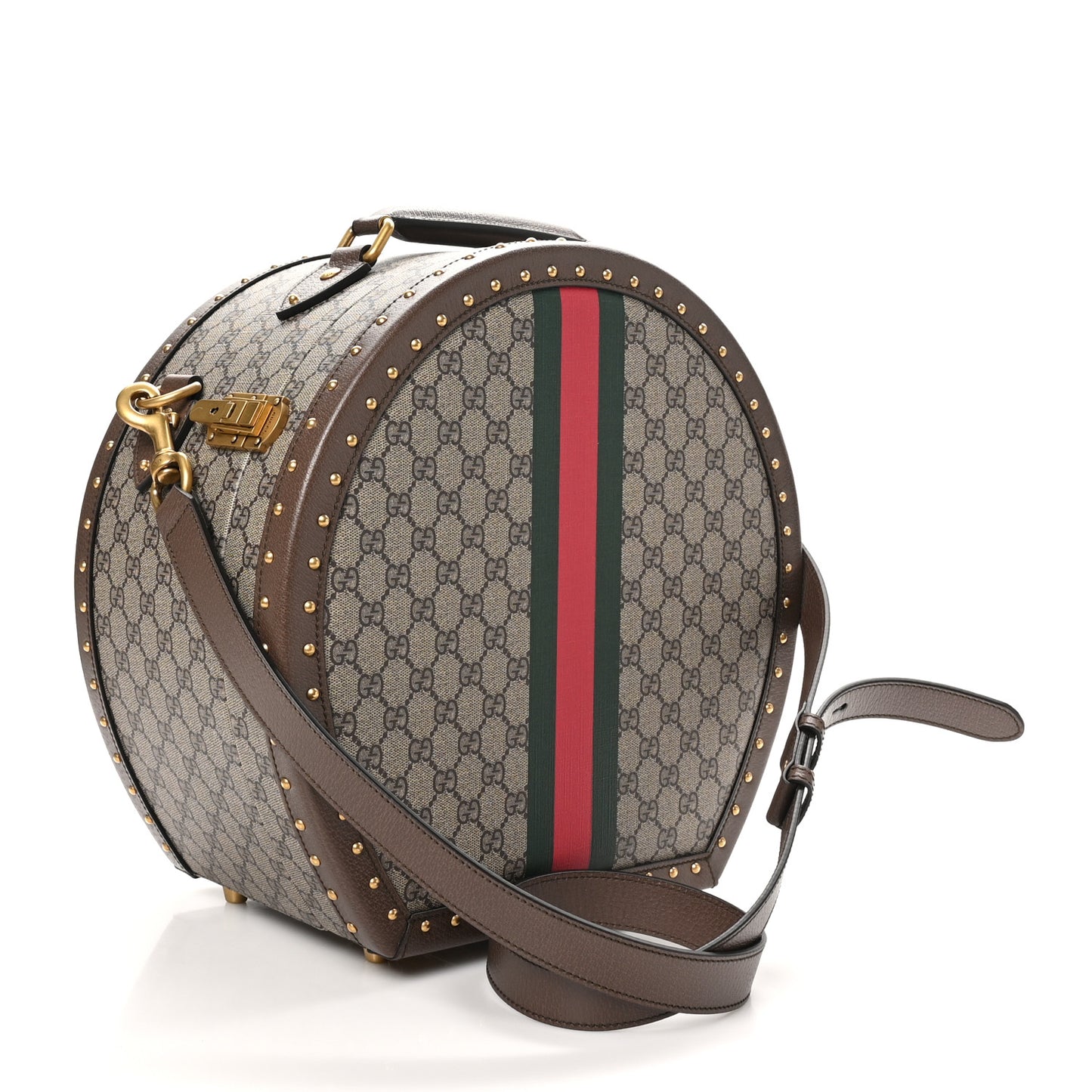 GG Supreme Monogram Textured Dollar Calfskin Web Savoy Hat Box Beige Ebony New Acero
