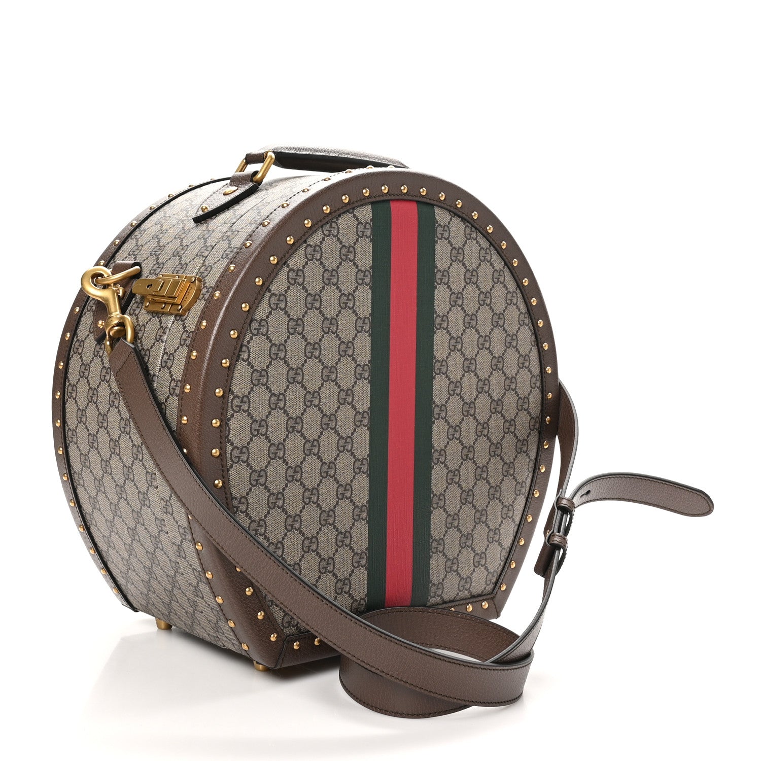 Gucci GG Supreme Monogram Textured Dollar Calfskin Web Savoy Hat Box Beige Ebony New Acero 2 of 10