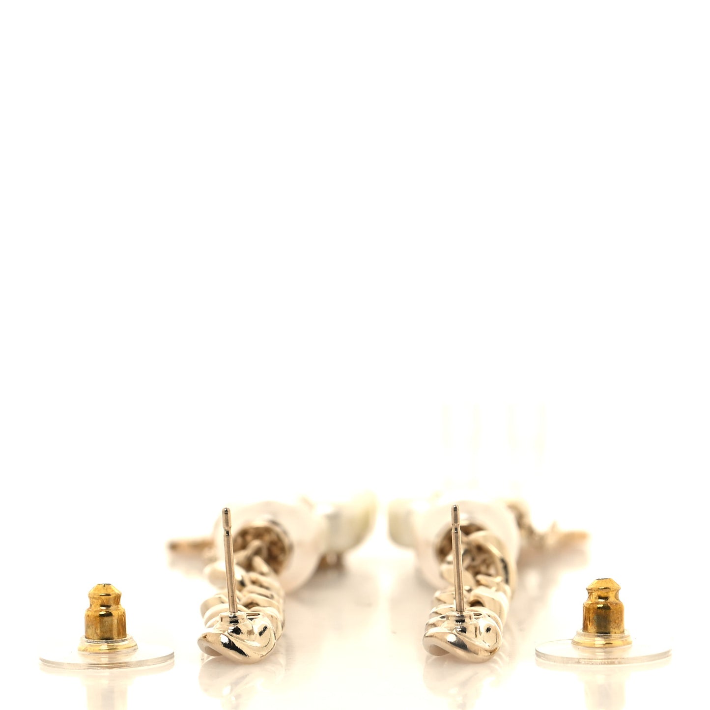 Pearl Resin Crystal CC No 5 Perfume Bottle Chain Drop Earrings Gold Pearly White
