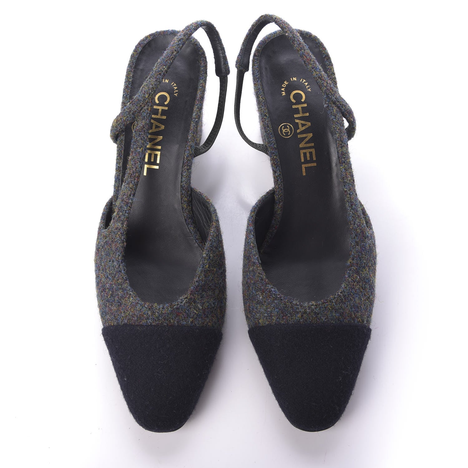 Chanel Wool Cap Toe CC Slingback Pumps 38 Black Dark Grey 6 of 13