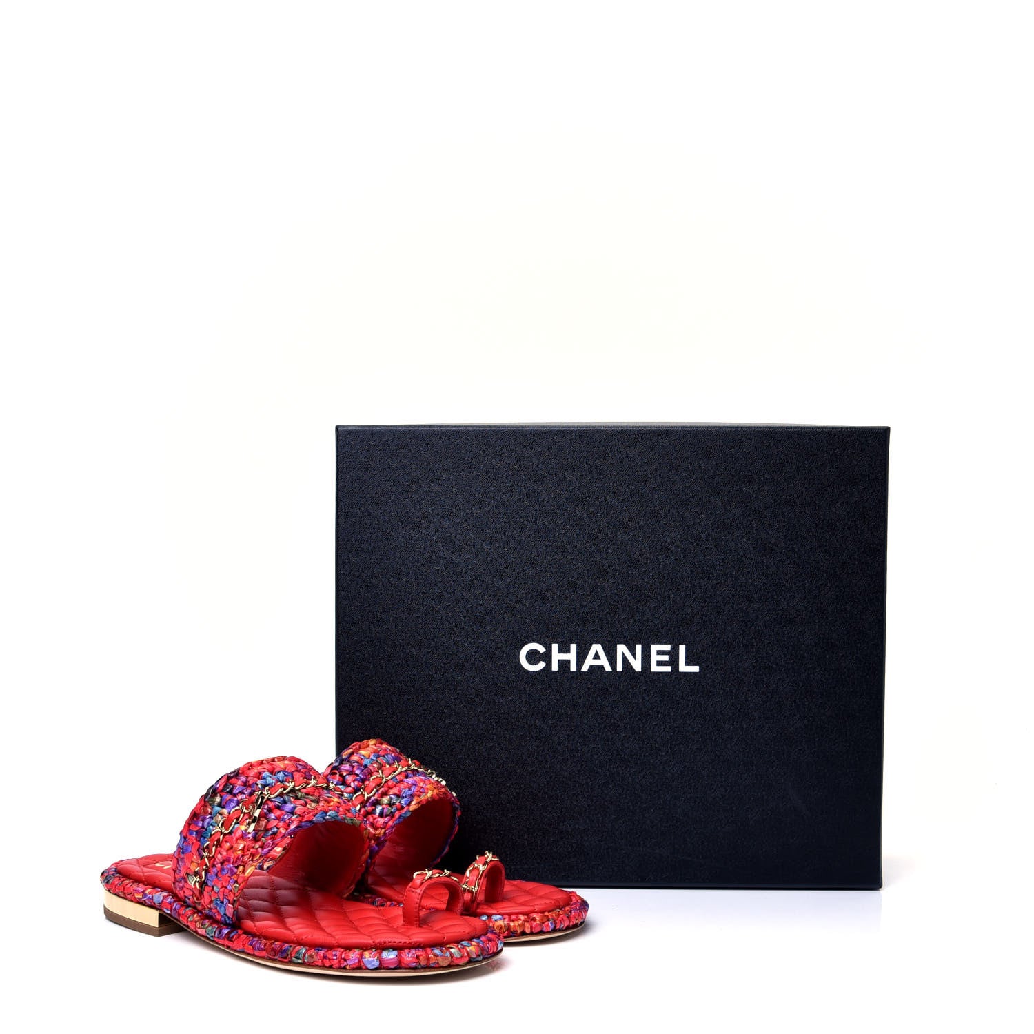 Chanel Raffia Lambskin Woven Chain CC Toe Ring Sandals 36.5 Red Multicolor 10 of 10