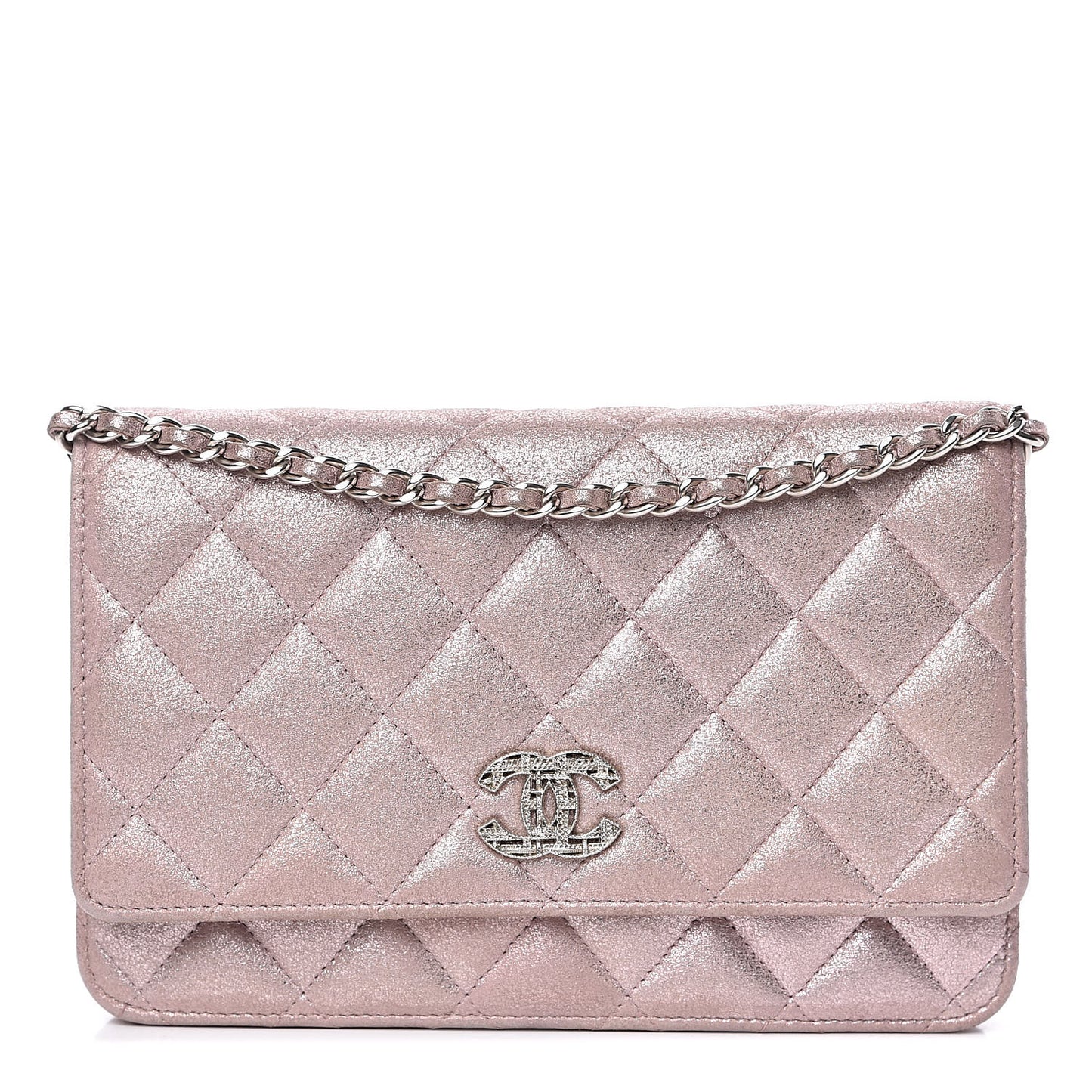 Iridescent Calfskin Quilted Wallet on Chain WOC Light Pink