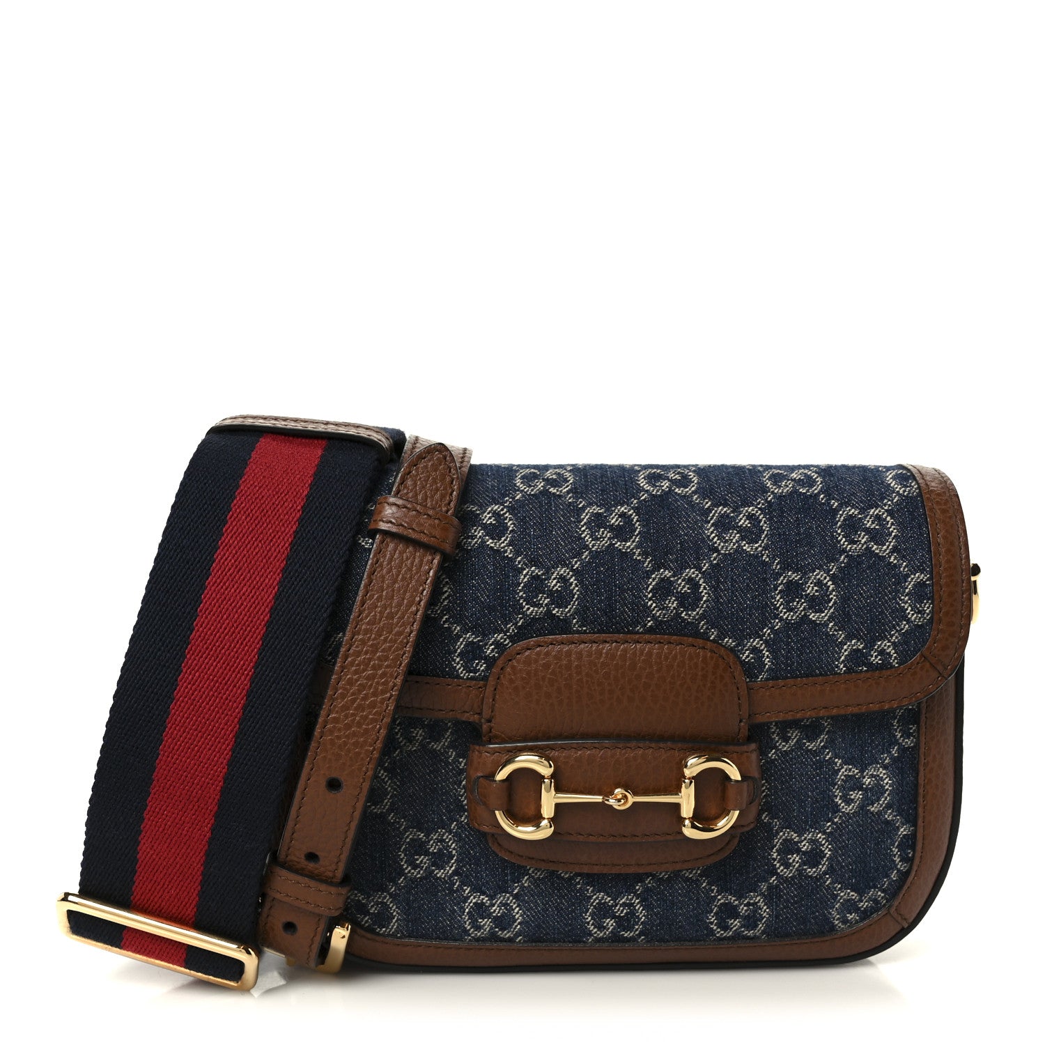 Gucci New Denim GG Monogram Dollar Calfskin Web Mini Horsebit 1955 Shoulder Bag Blue Tea Cuir Epilog 1 of 13