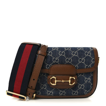 Gucci New Denim GG Monogram Dollar Calfskin Web Mini Horsebit 1955 Shoulder Bag Blue Tea Cuir Epilog 1 of 13
