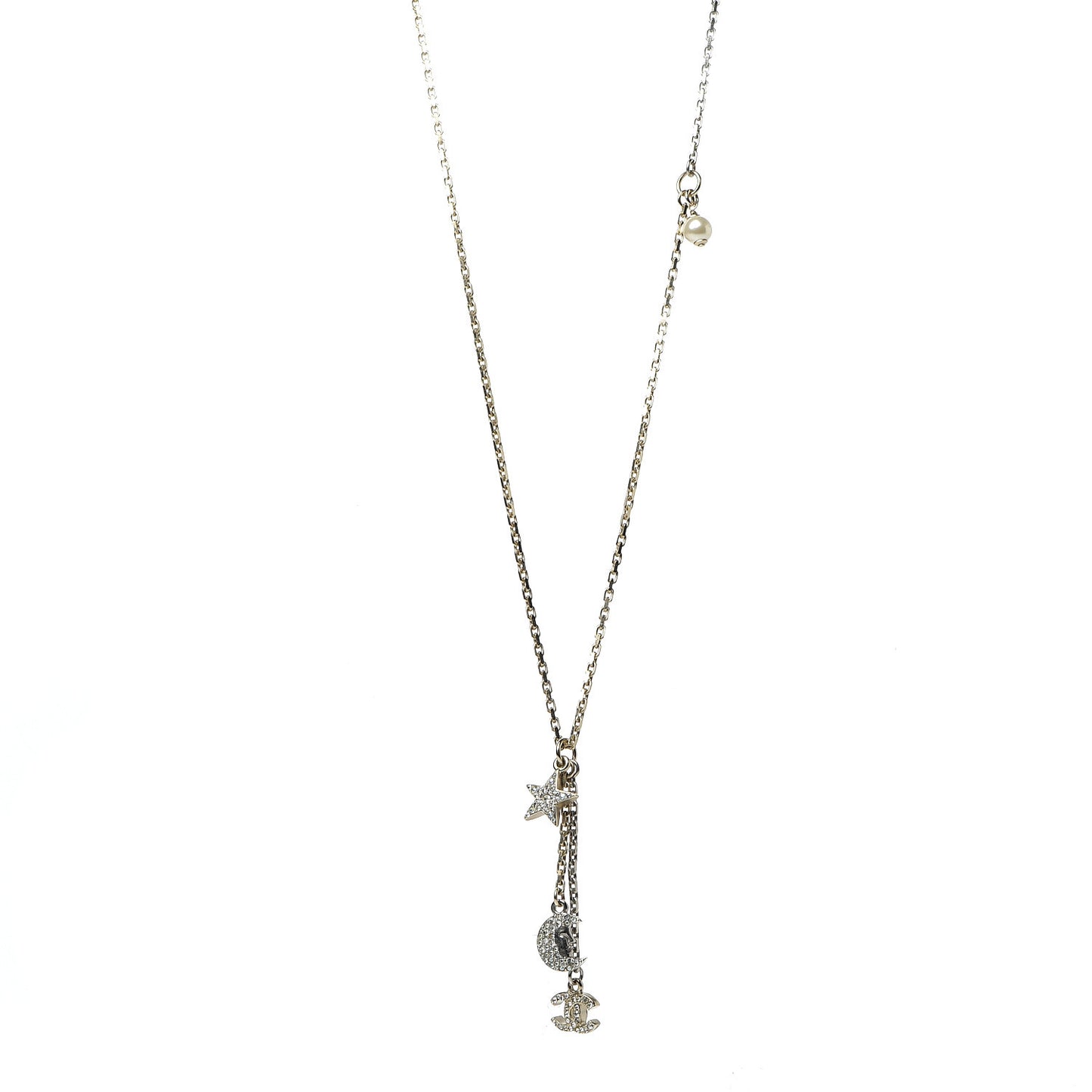 Crystal Pearl CC Moon Star Drop Necklace Gold