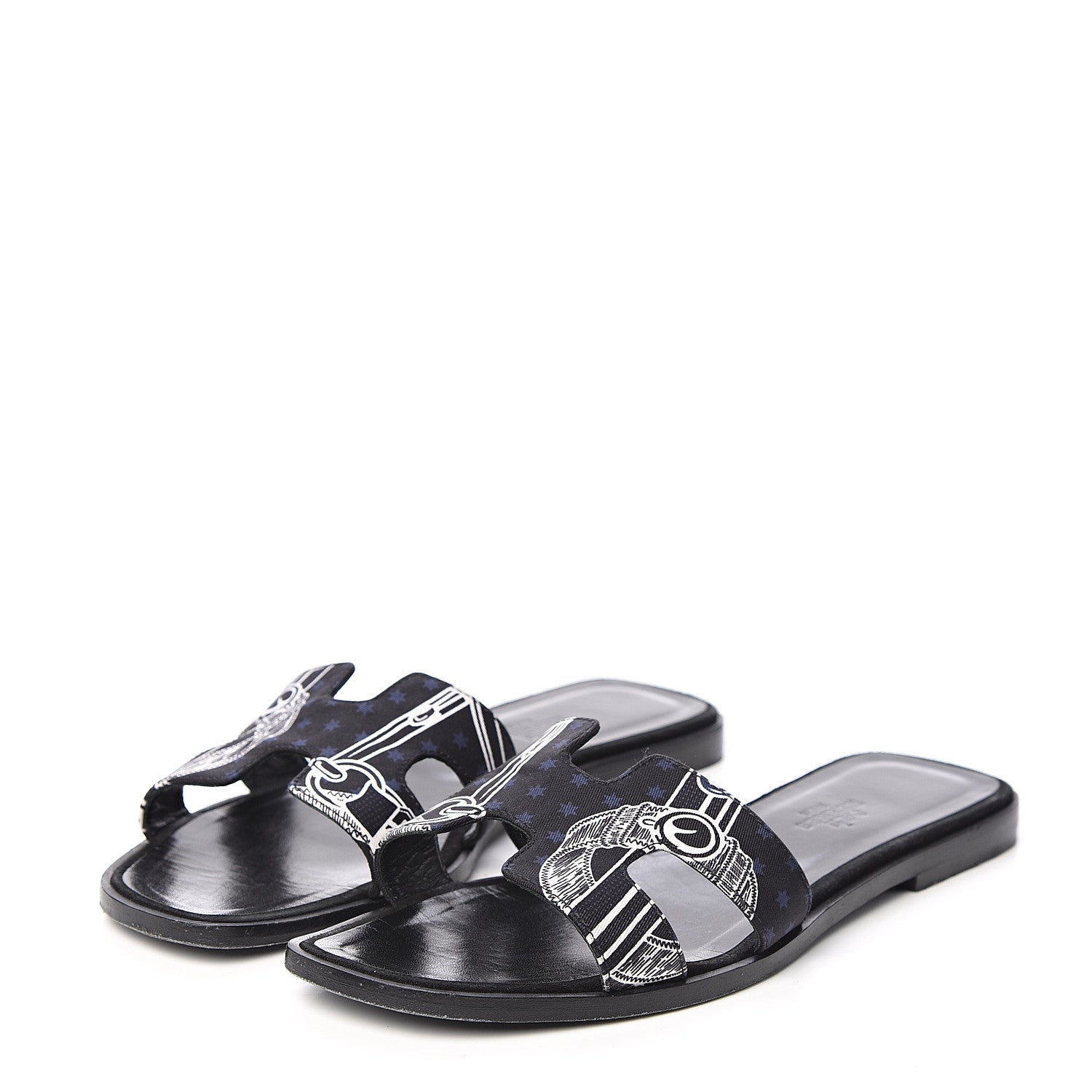 Hermes Silk Printed Eperon d'Or Oran Sandals 37.5 Black 3 of 7