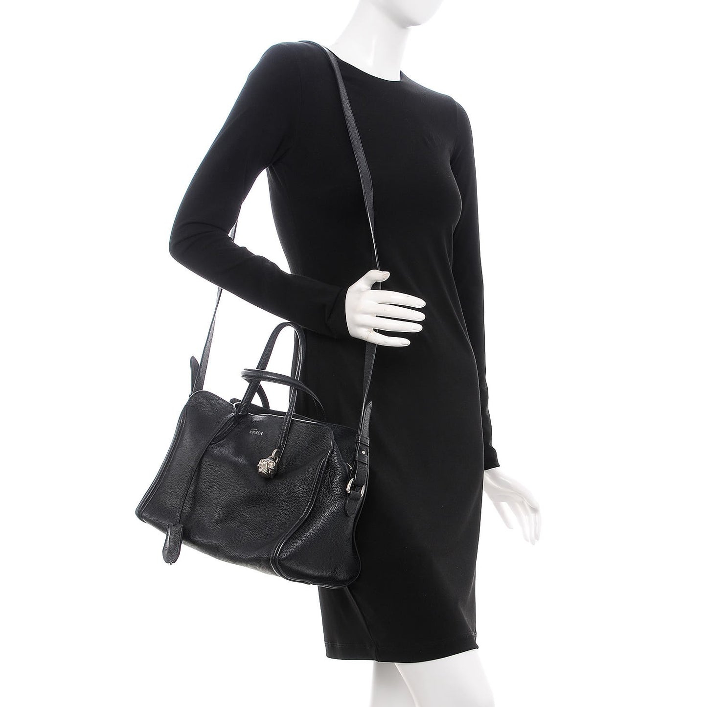 Pebbled Calfskin Small Skull Padlock Zip Around Tote Black