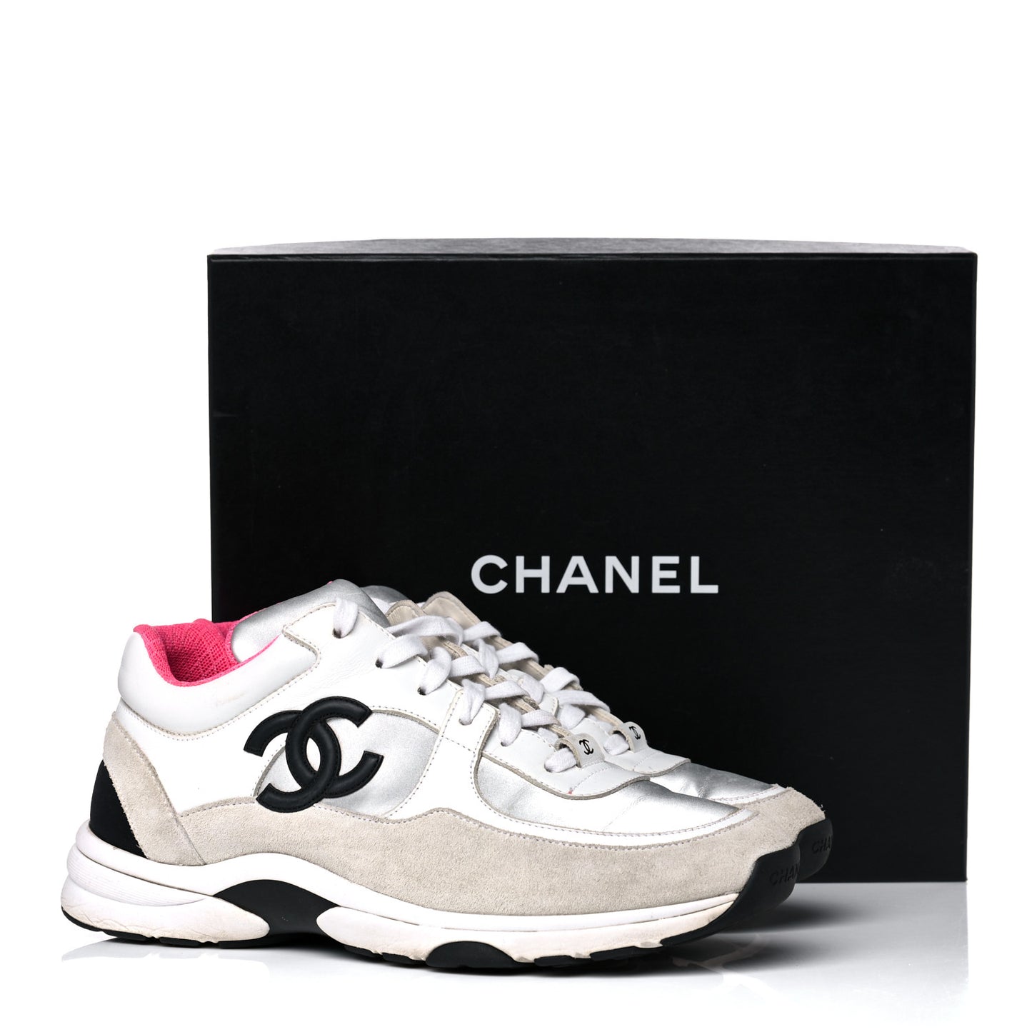 Calfskin Fabric Sneakers 39 White Silver Fluo Pink
