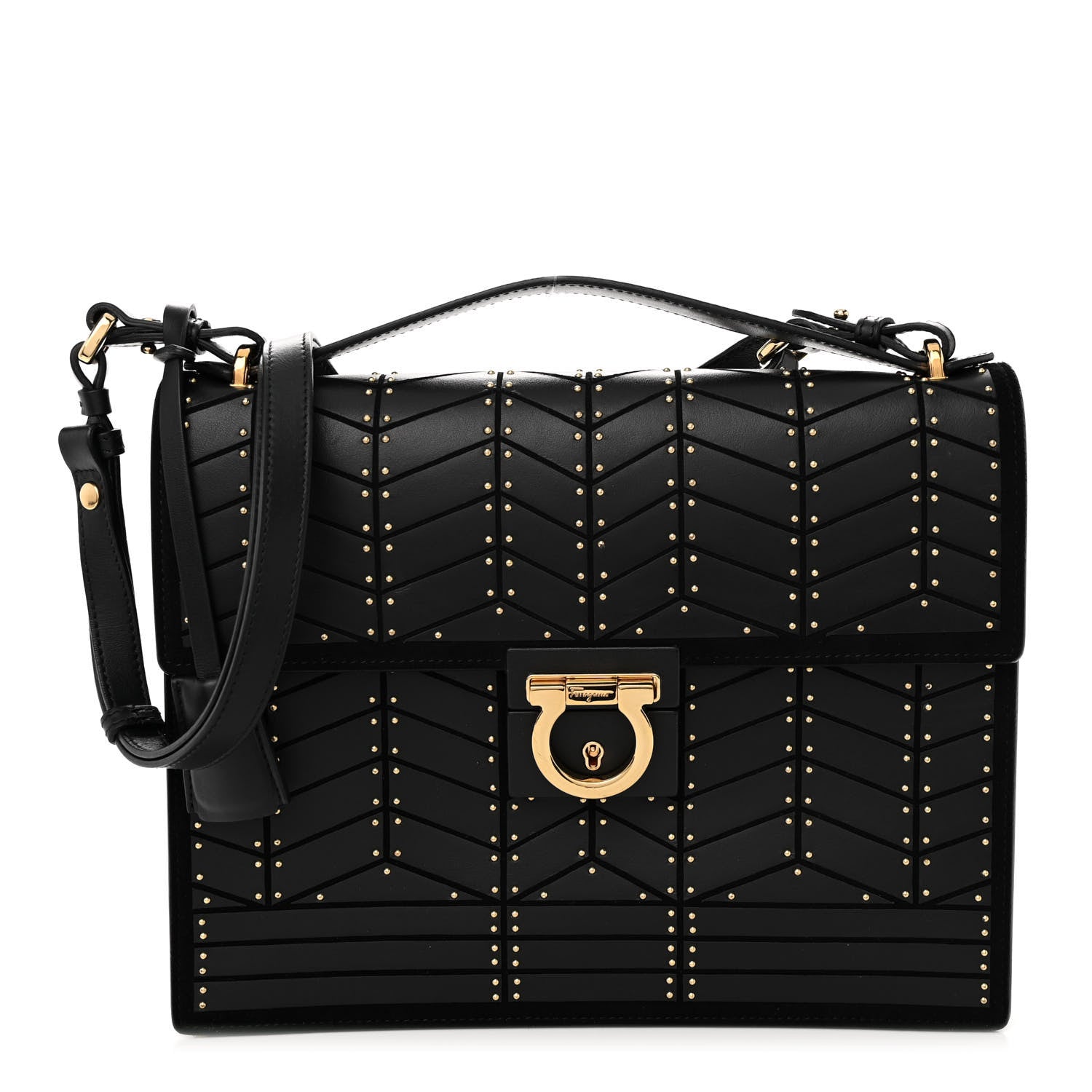 Salvatore Ferragamo Calfskin Suede Studded Aileen Shoulder Bag Black 1 of 14
