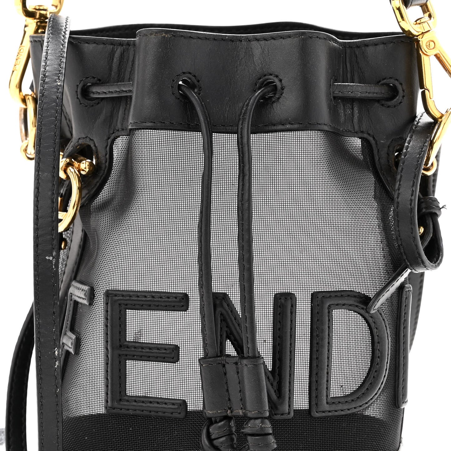 Mesh Vitello King F is Fendi Logo Embroidered Mini Mon Tresor Bucket Bag Black