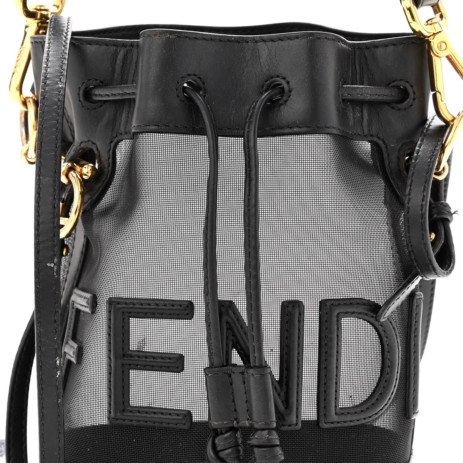 Fendi Mesh Vitello King F is Fendi Logo Embroidered Mini Mon Tresor Bucket Bag Black 7 of 13