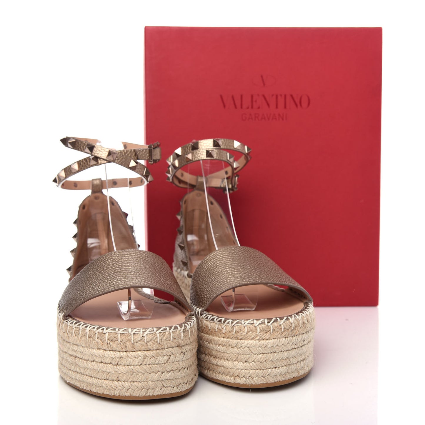 Metallic Grained Calfskin Rockstud Ankle Wrap Espadrille Flatform Sandals 41 Skin Natural