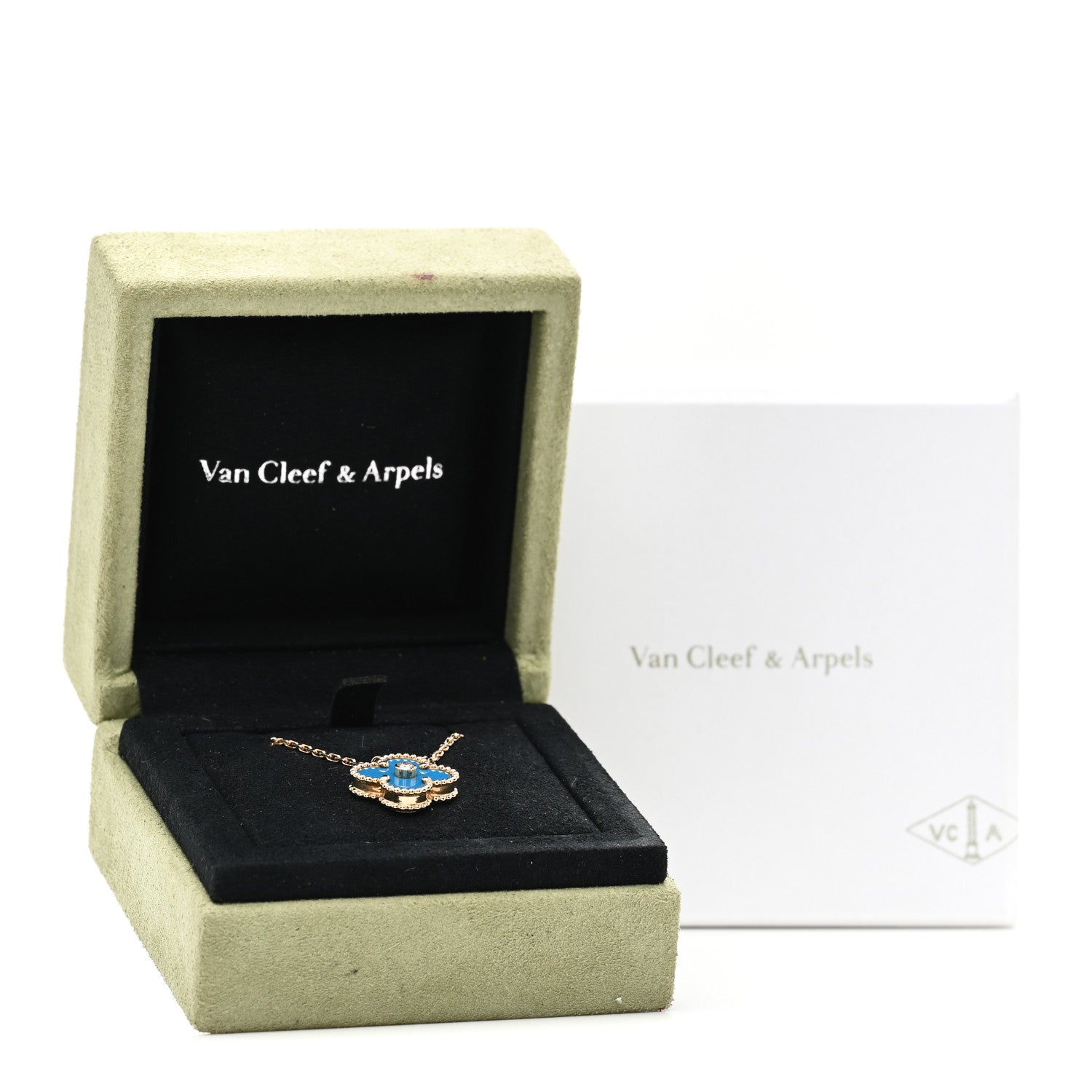 Van Cleef & Arpels 18K Yellow Gold Diamond Celestial Blue Sevres Porcelain Vintage Alhambra Pendant Necklace 6 of 6