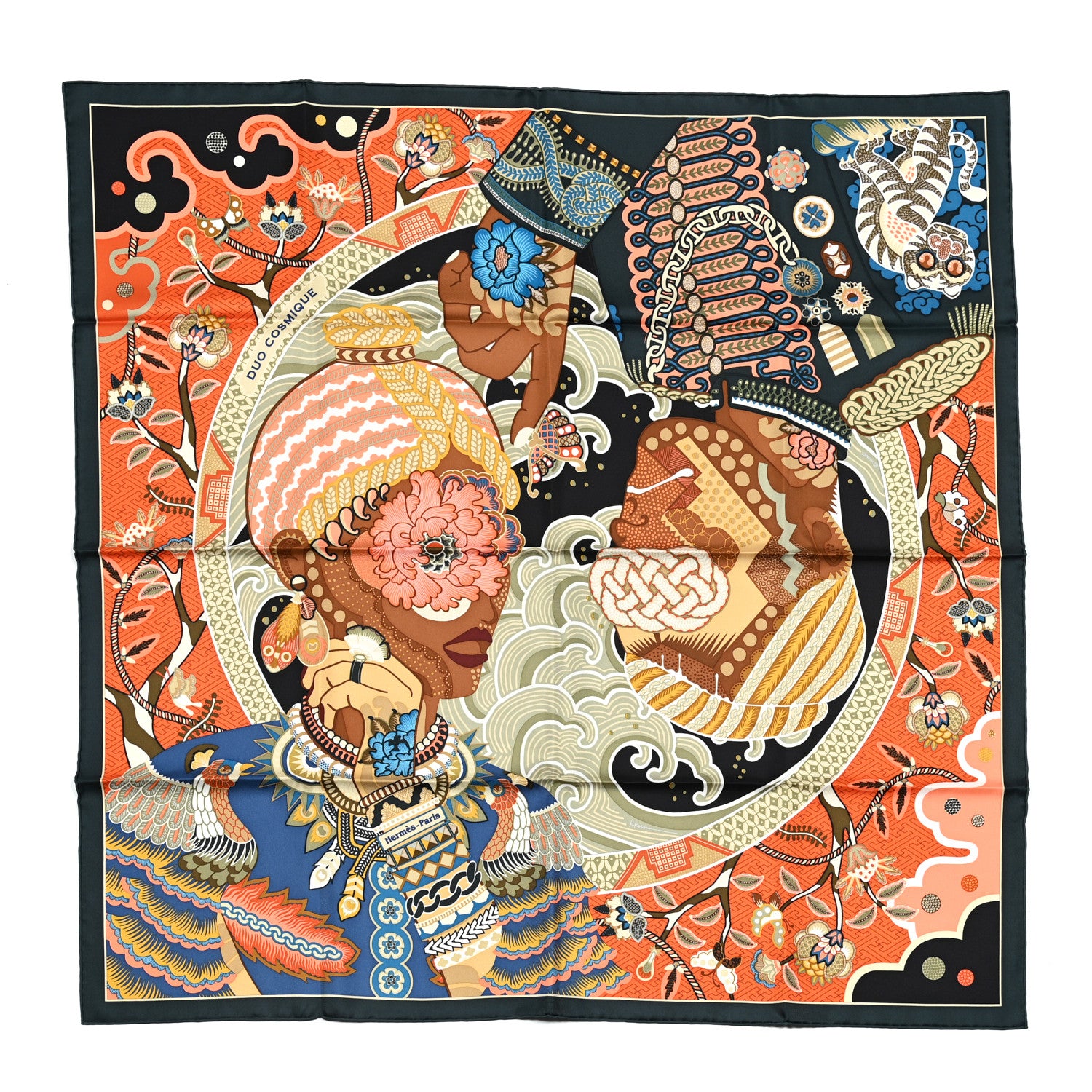 Hermes Silk Twill Duo Cosmique Scarf 90 Vert Black Corail 1 of 6