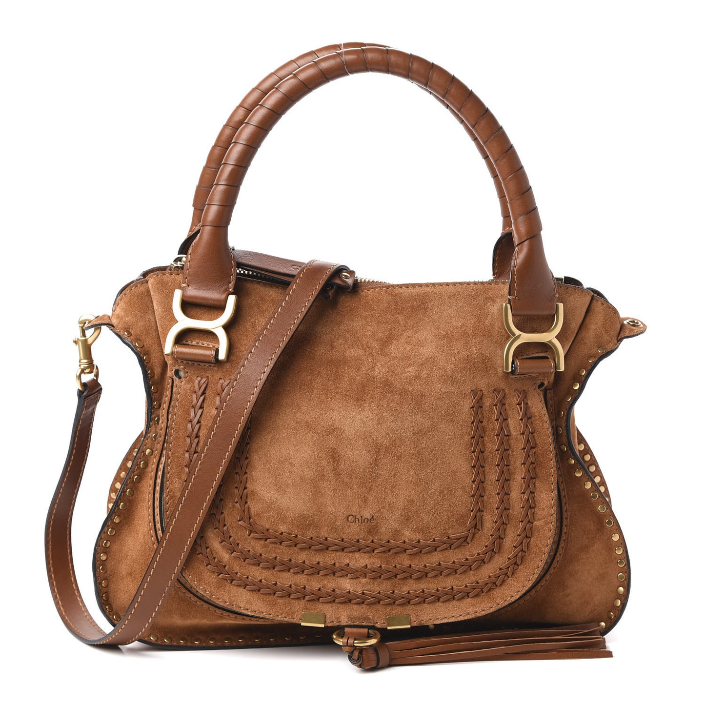 Suede Calfskin Braided Medium Marcie Satchel Caramel