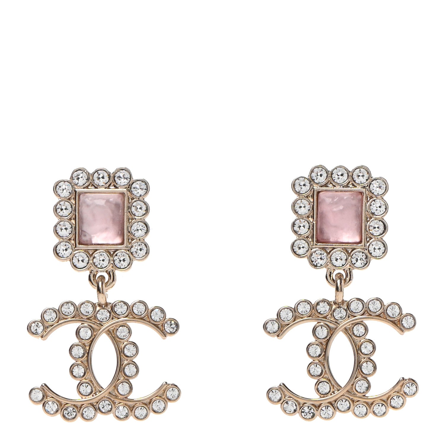 Chanel Crystal Pearl CC Drop Earrings Pink Gold 1 of 4