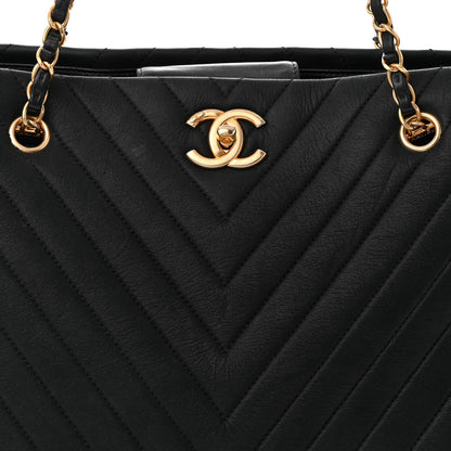 Chanel Iridescent Calfskin Lambskin Chevron Quilted Shopping Tote Black 8 of 10