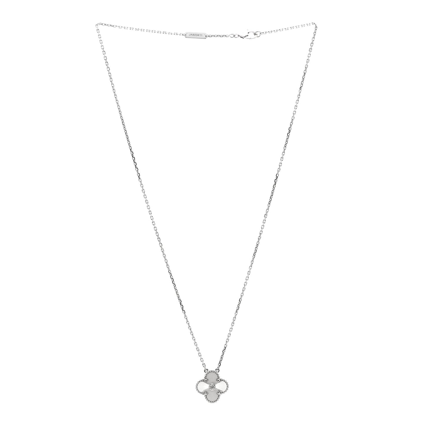 18K White Gold Diamond Guilloche Vintage Alhambra Pendant Necklace