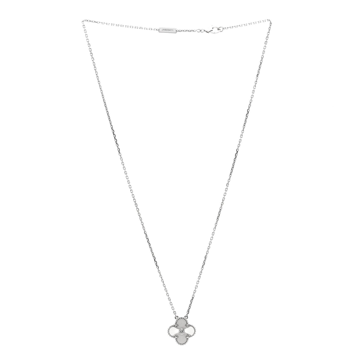 Van Cleef & Arpels 18K White Gold Diamond Guilloche Vintage Alhambra Pendant Necklace 3 of 7