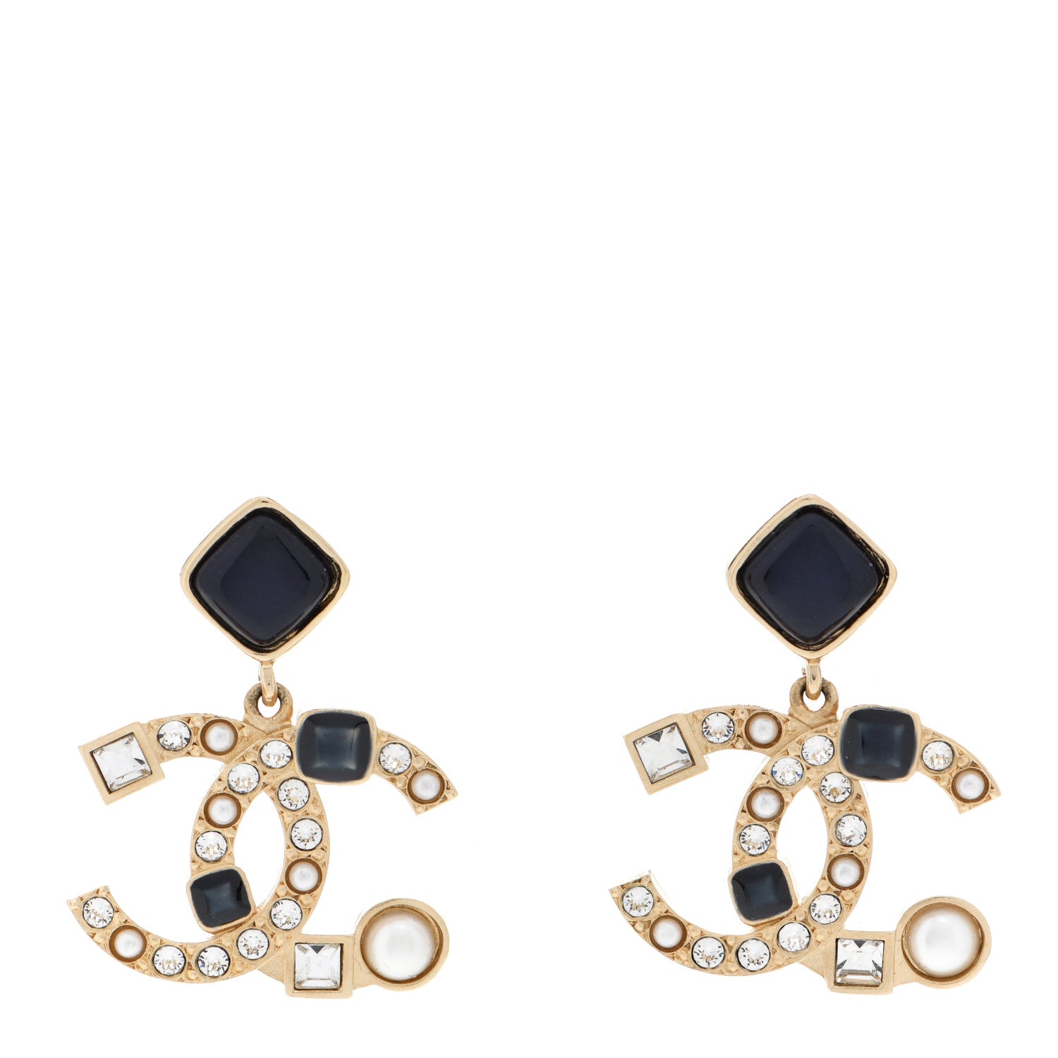 Chanel Resin Crystal Pearl CC Drop Earrings Gold Black 1 of 6