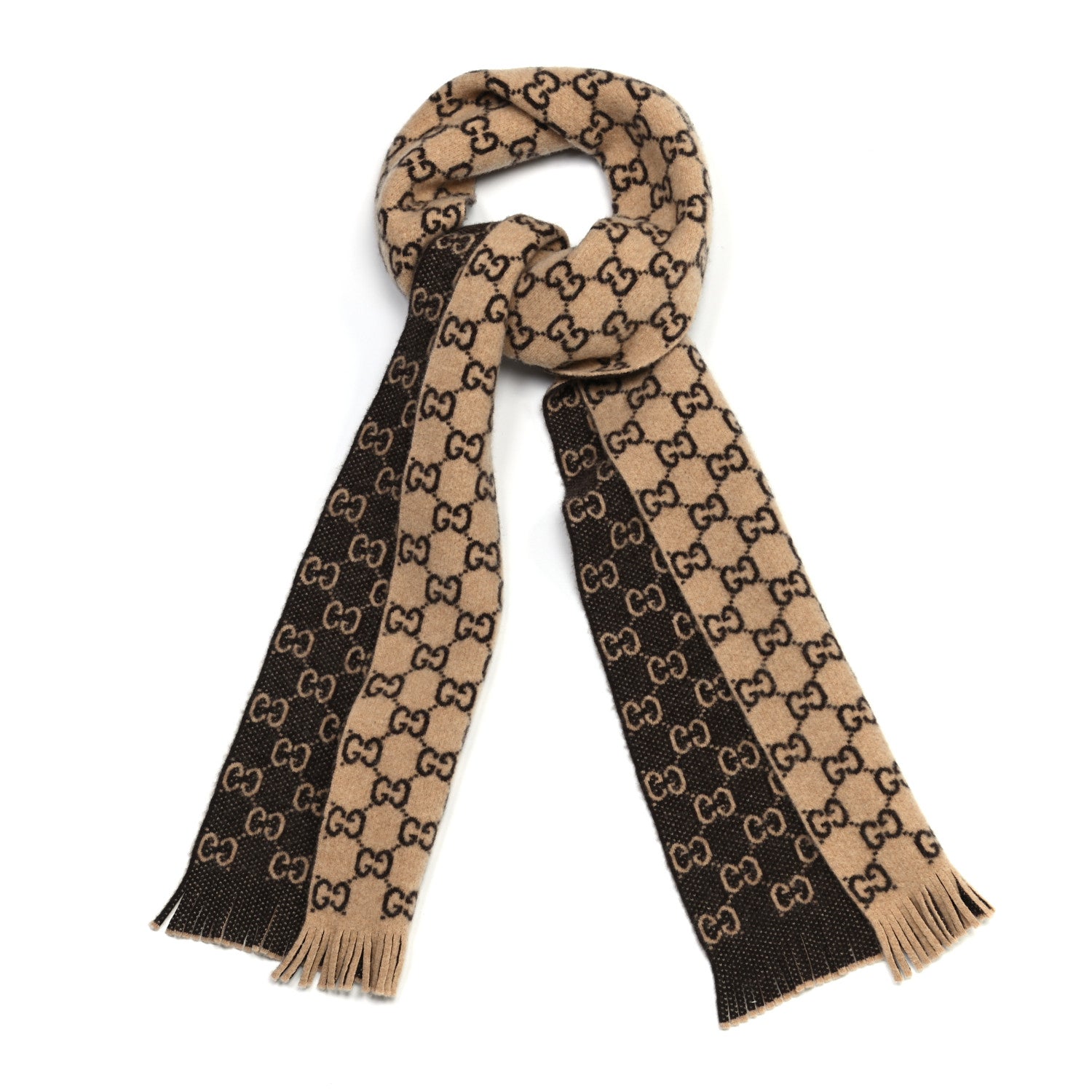 Gucci Wool GG Monogram Knit Longfog Scarf Beige Dark Brown 1 of 4