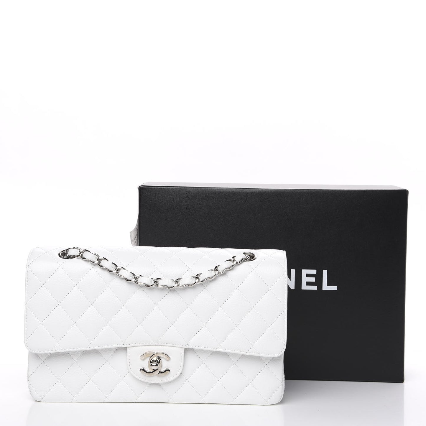 Caviar Quilted Medium Double Flap White