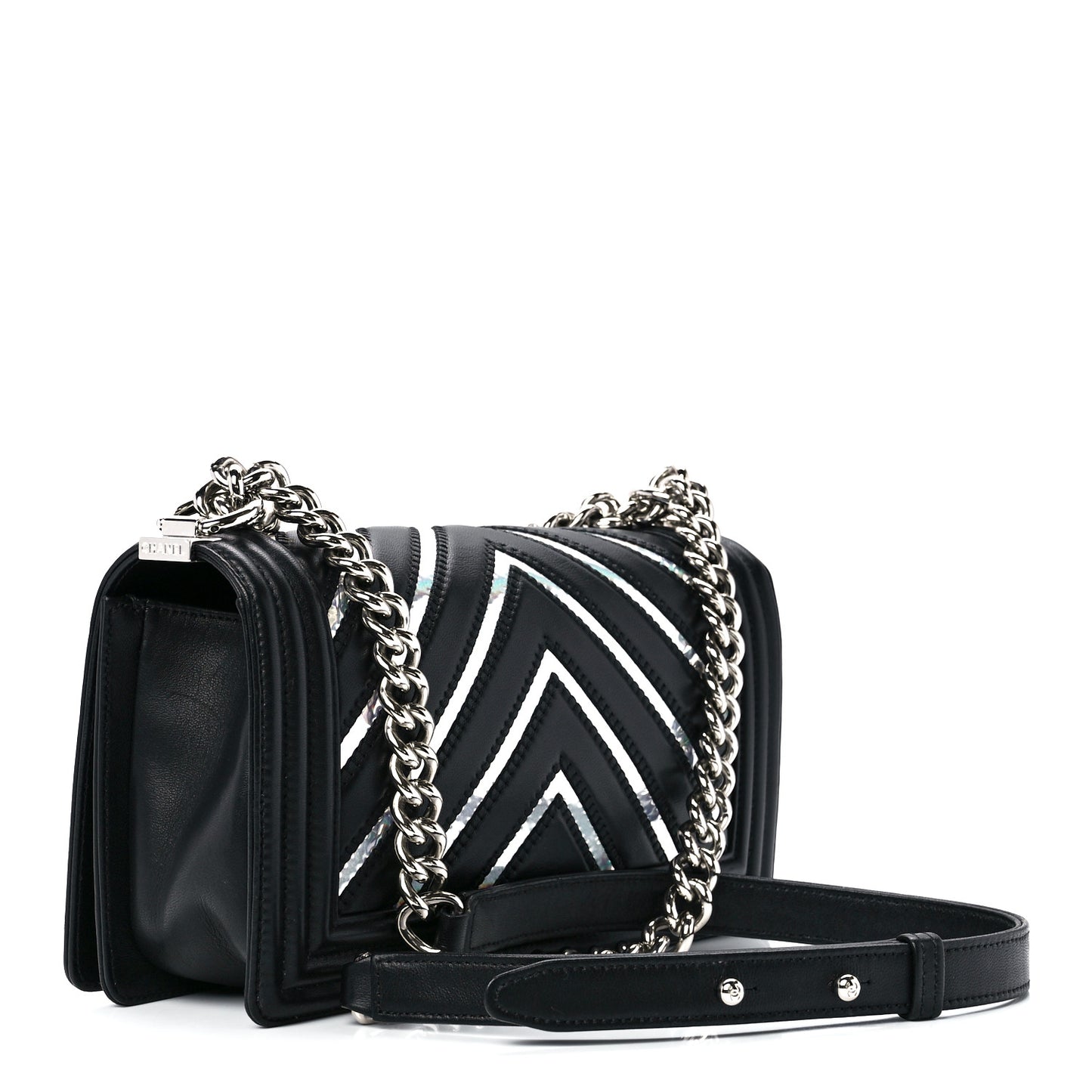 Lambskin Iridescent PVC Chevron Quilted Medium Boy Flap Black Silver