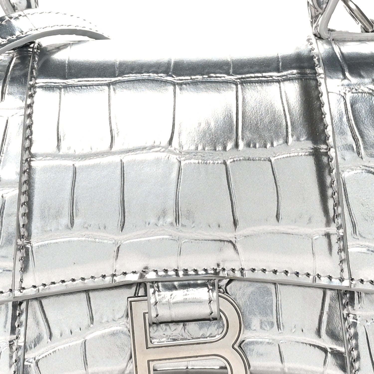Balenciaga Metallic Calfskin Crocodile Embossed Hourglass Top Handle Bag XS Silver 7 of 10