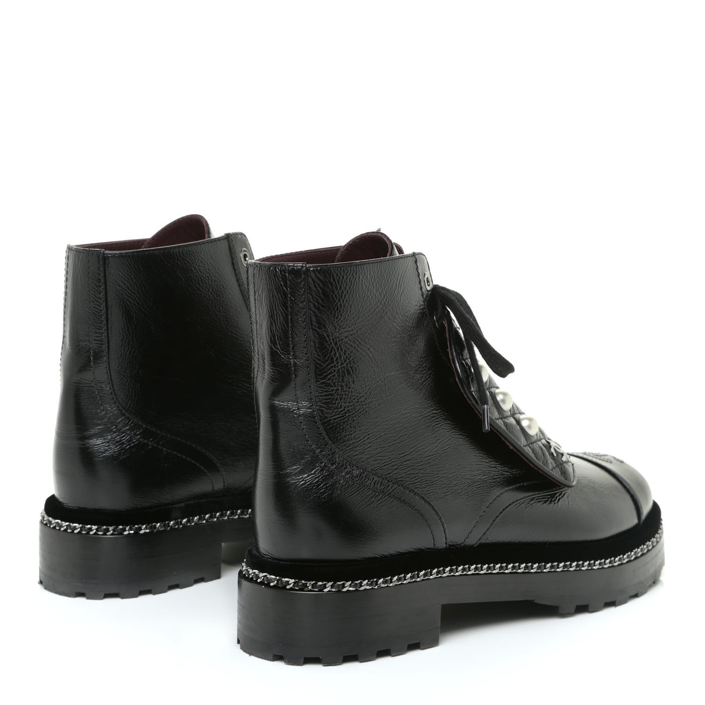 Crackled Calfskin Velvet Pearl Combat Short Boots 39 Black