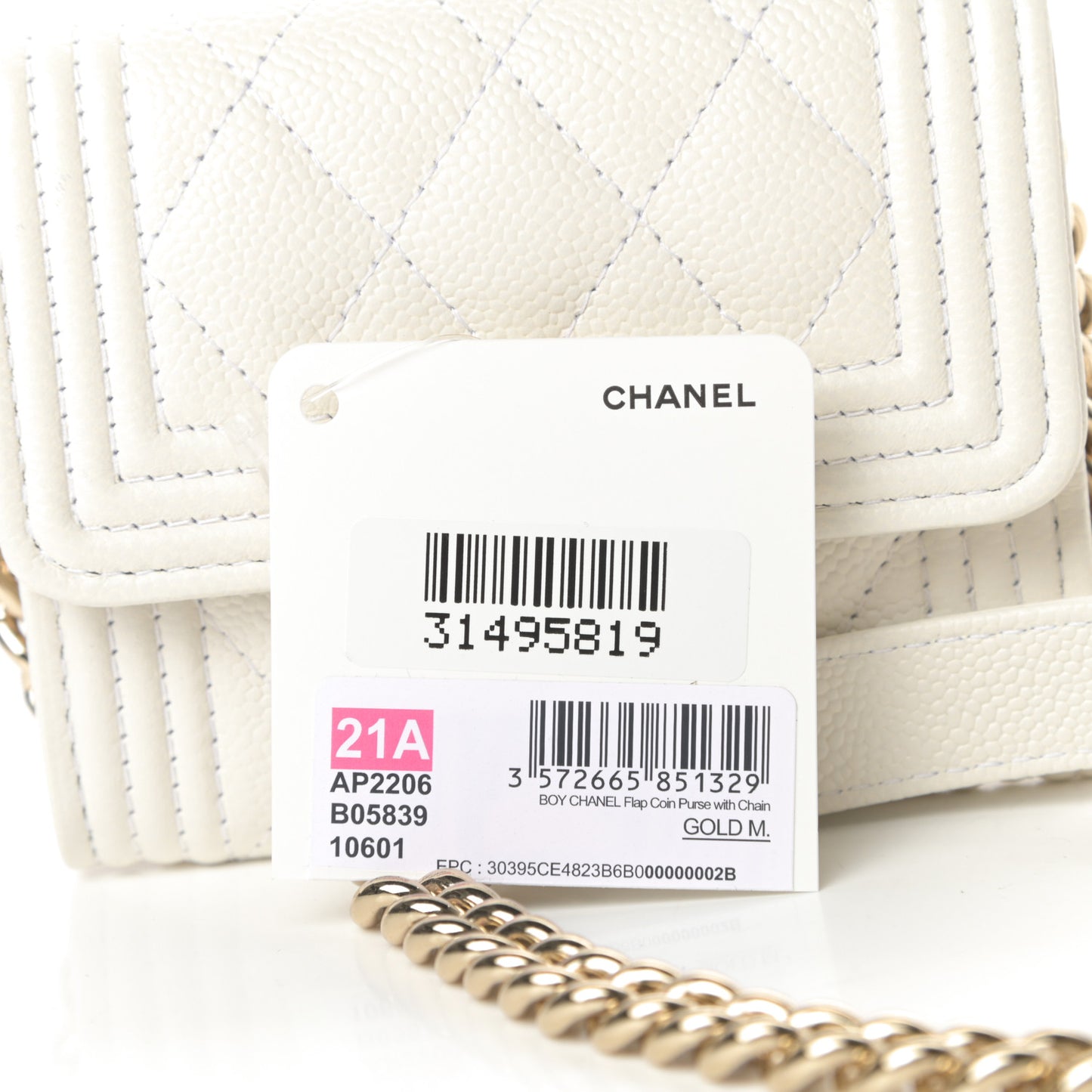 Caviar Quilted Boy Card Holder On Chain White