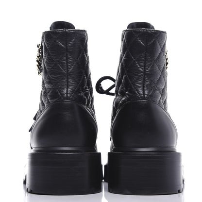 Chanel Shiny Goatskin Calfskin Quilted Lace Up Combat Boots 38 Black 7 of 10