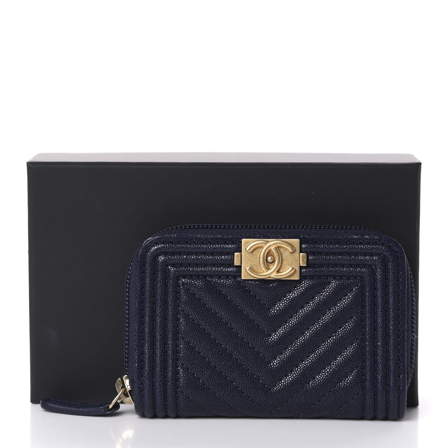 Chanel Caviar Chevron Quilted Boy Zip Around Coin Purse Wallet Navy Blue 8 of 8