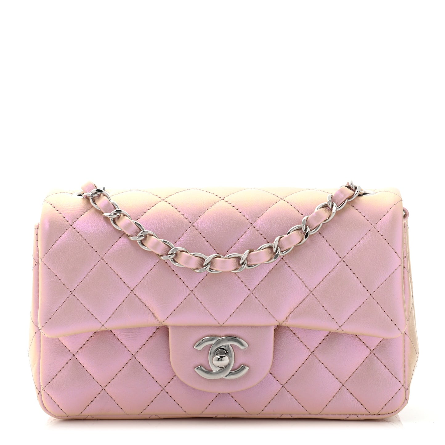 Iridescent Calfskin Quilted Mini Rectangular Flap Pink
